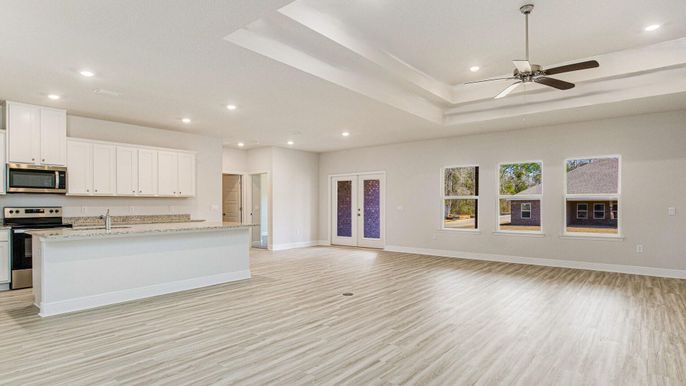 Empty room, Interior, Kitchen, Recessed Lighting, Wood Texture Flooring