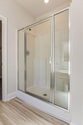 Bathroom, Glass Shower, Interior, Recessed Lighting, Wood Texture Flooring