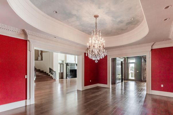 Chandelier, Empty room, Interior, Recessed Lighting, Wood Texture Flooring