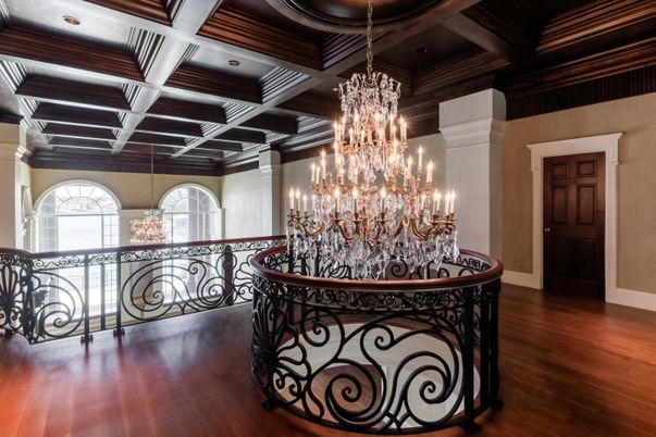 Chandelier, Interior, Recessed Lighting, Wooden Beams, Wood Texture Flooring