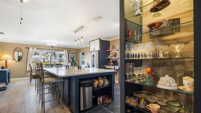 Dining room, Interior, Kitchen, Pendant Lights, Wood Texture Flooring