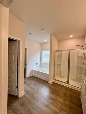 Bathroom, Glass Shower, Interior, Recessed Lighting, Wood Texture Flooring