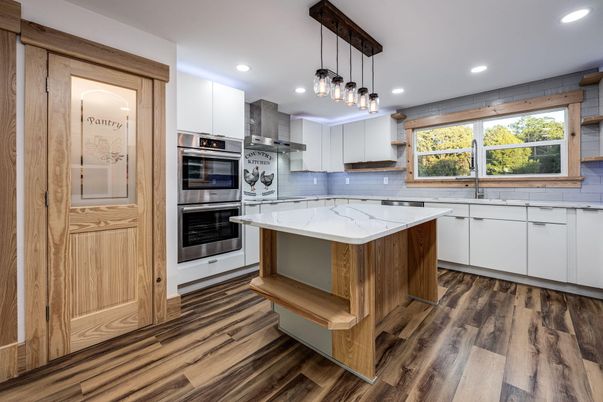 Interior, Kitchen, Pendant Lights, Recessed Lighting, Stainless Steel Appliances, Wood Texture Flooring