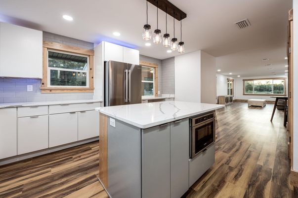 Interior, Kitchen, Pendant Lights, Recessed Lighting, Stainless Steel Appliances, Wood Texture Flooring