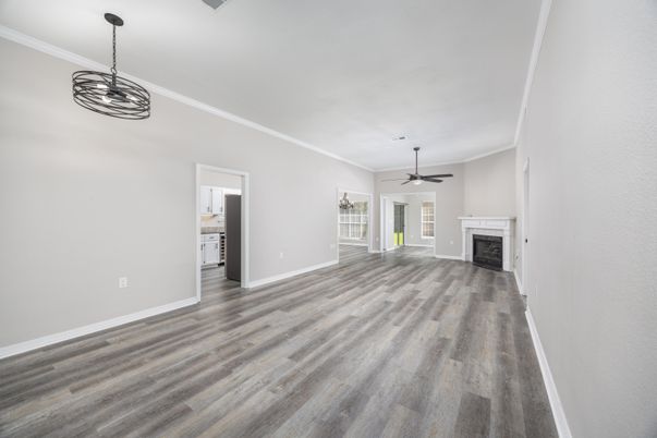 Empty room, Fireplace, Interior, Pendant Lights, Wood Texture Flooring