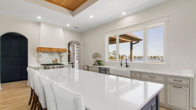 Interior, Kitchen, Recessed Lighting, Wooden Ceilings, Wood Texture Flooring