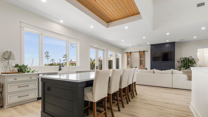 Interior, Kitchen, Living room, Recessed Lighting, Wooden Beams, Wooden Ceilings, Wood Texture Flooring