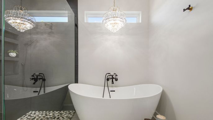 Bathroom, Chandelier, Free Standing Baths, Glass Shower, Interior