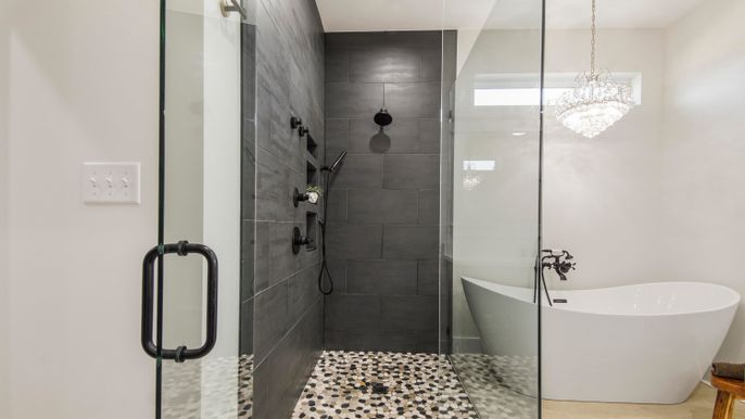 Bathroom, Chandelier, Free Standing Baths, Glass Shower, Interior
