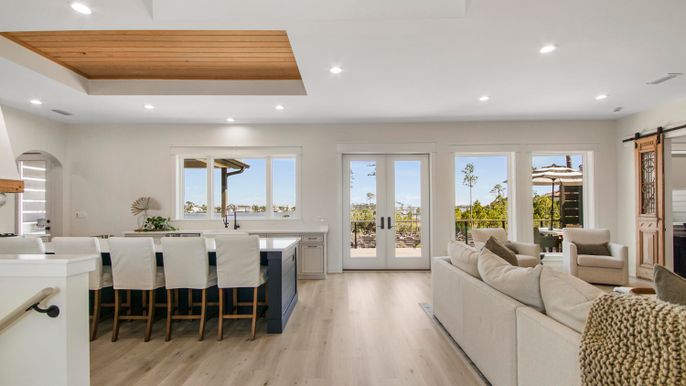 Interior, Kitchen, Living room, Recessed Lighting, Wooden Ceilings, Wood Texture Flooring