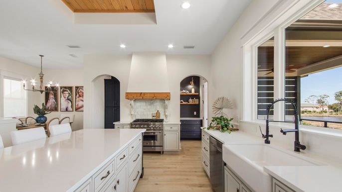 Chandelier, Interior, Kitchen, Pendant Lights, Recessed Lighting, Stainless Steel Appliances, Wooden Ceilings, Wood Texture Flooring