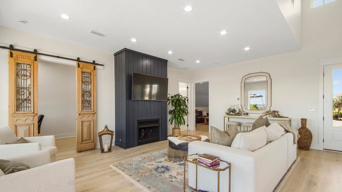Fireplace, Interior, Living room, Recessed Lighting, Wood Texture Flooring