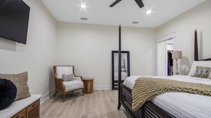 Bedroom, Interior, Recessed Lighting, Wood Texture Flooring