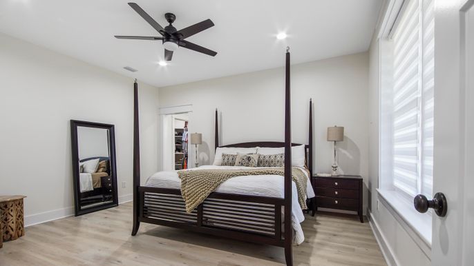 Bedroom, Interior, Recessed Lighting, Wood Texture Flooring