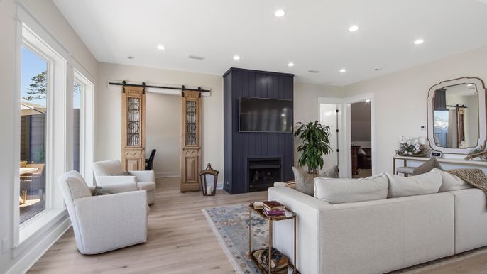 Fireplace, Interior, Living room, Recessed Lighting, Wood Texture Flooring