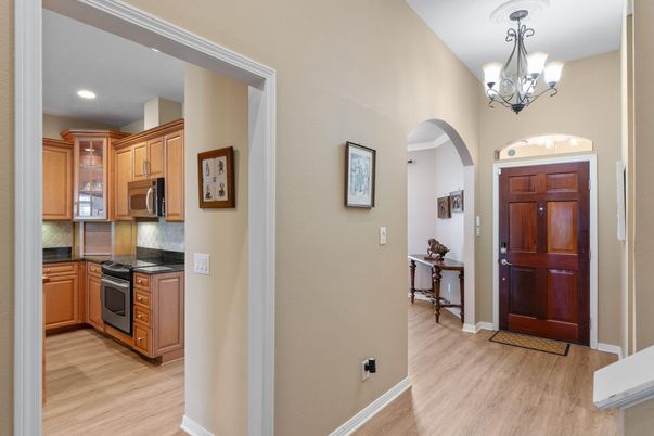 Chandelier, Interior, Kitchen, Recessed Lighting, Wood Texture Flooring