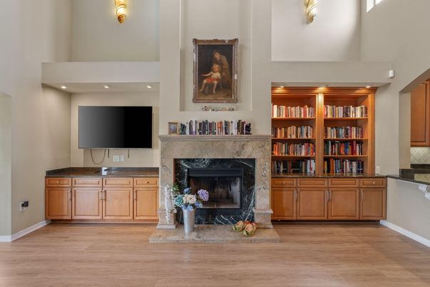 Fireplace, Interior, Recessed Lighting, Wood Texture Flooring