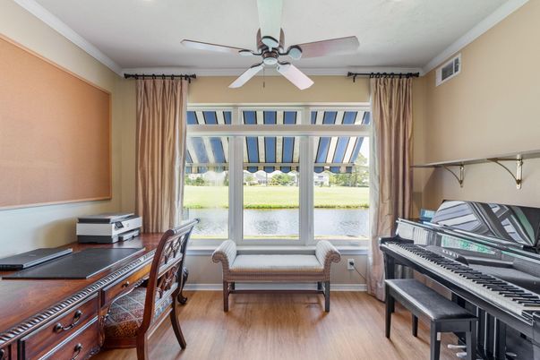 Home Office, Interior, Piano, Recessed Lighting, Water, Wood Texture Flooring