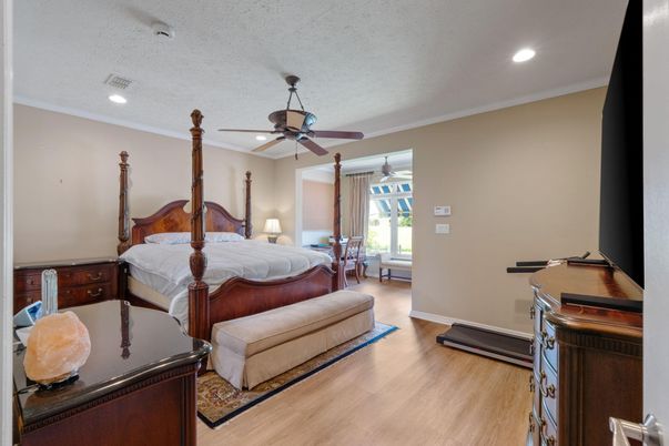 Bedroom, Interior, Recessed Lighting, Wood Texture Flooring