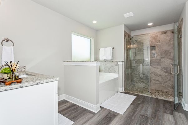 Bathroom, Glass Shower, Interior, Recessed Lighting, Wood Texture Flooring