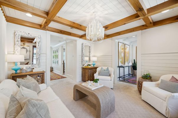 Chandelier, Interior, Living room, Recessed Lighting, Wooden Beams