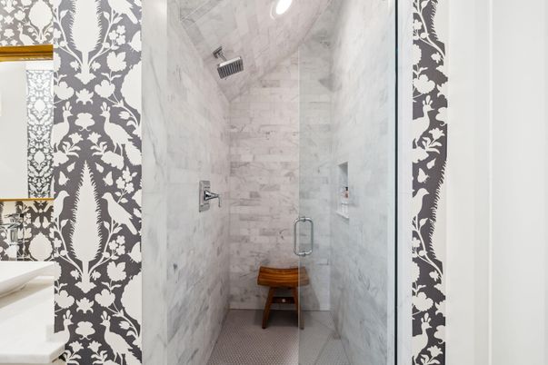Bathroom, Glass Shower, Interior, Marble Walls, Recessed Lighting