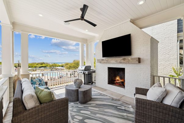 Fireplace, Interior, Living room, Recessed Lighting, Stone Walls
