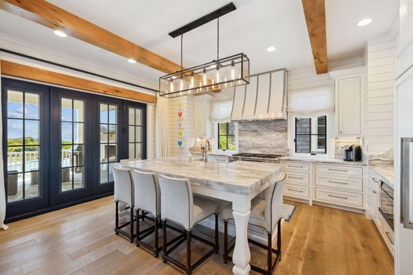 Interior, Kitchen, Pendant Lights, Recessed Lighting, Stainless Steel Appliances, Wooden Beams, Wood Texture Flooring