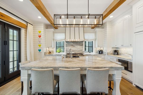 Interior, Kitchen, Pendant Lights, Recessed Lighting, Stainless Steel Appliances, Wooden Beams, Wood Texture Flooring