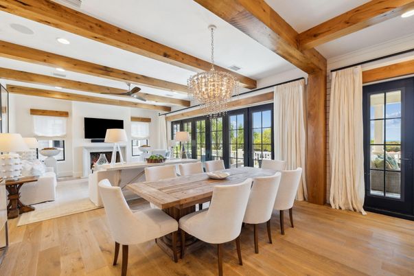Chandelier, Dining room, Fireplace, Interior, Living room, Recessed Lighting, Wooden Beams, Wood Texture Flooring