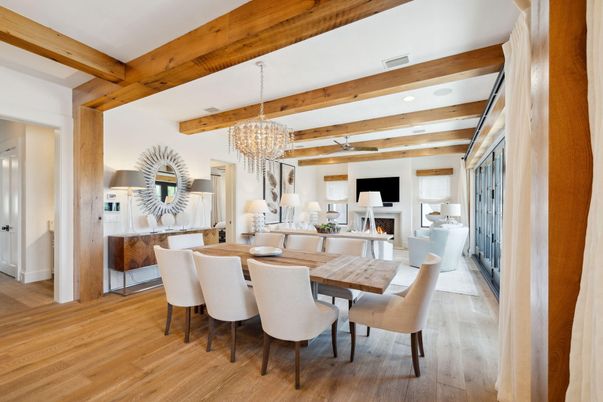Chandelier, Dining room, Fireplace, Interior, Living room, Recessed Lighting, Wooden Beams, Wood Texture Flooring
