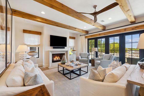 Fireplace, Interior, Living room, Recessed Lighting, Wooden Beams, Wood Texture Flooring