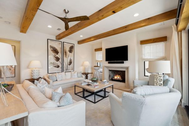 Fireplace, Interior, Living room, Recessed Lighting, Wooden Beams, Wood Texture Flooring