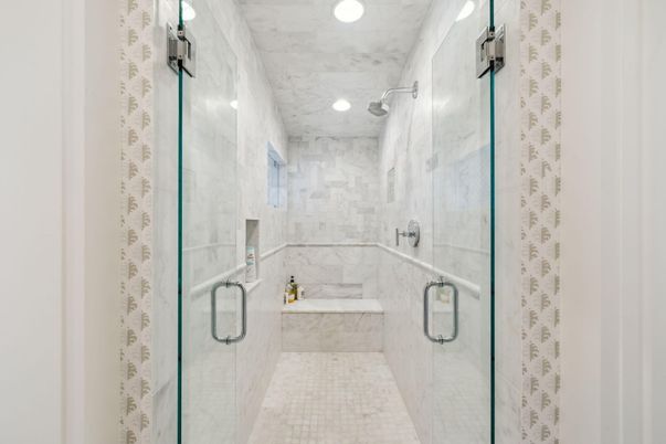 Bathroom, Glass Shower, Interior, Marble Walls, Recessed Lighting
