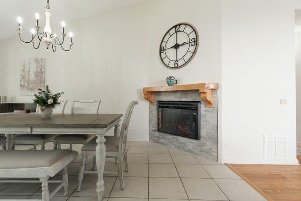 Chandelier, Dining room, Fireplace, Interior