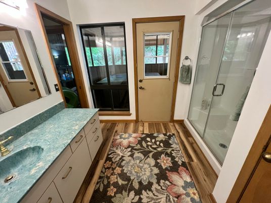 Bathroom, Glass Shower, Interior, Wood Texture Flooring