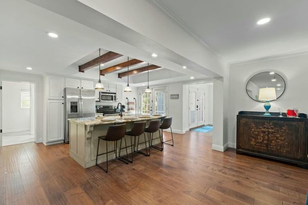 Interior, Kitchen, Pendant Lights, Recessed Lighting, Stainless Steel Appliances, Wooden Beams, Wood Texture Flooring