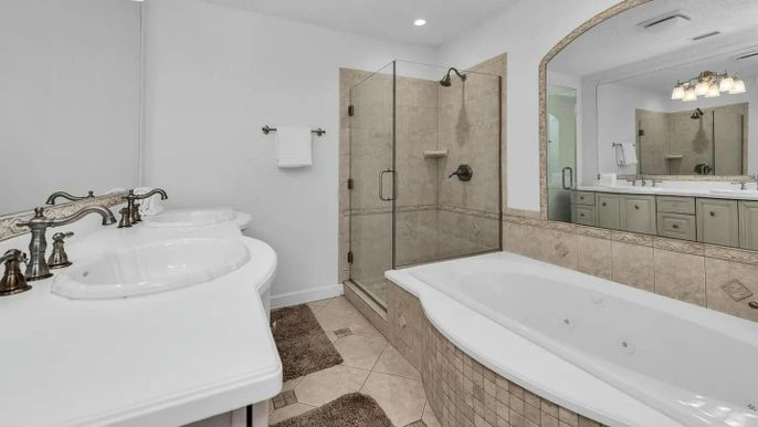 Bathroom, Dual Sink Vanities, Glass Shower, Interior, Recessed Lighting