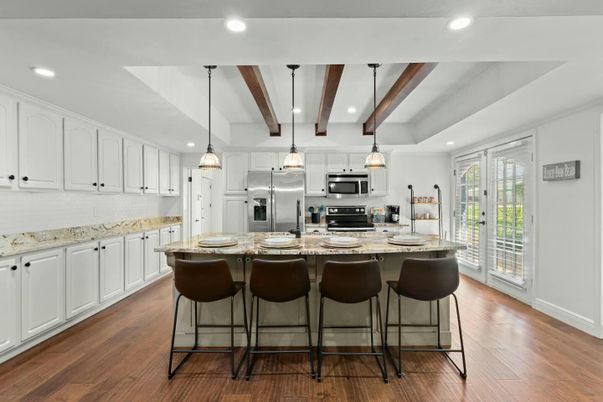 Interior, Kitchen, Pendant Lights, Recessed Lighting, Stainless Steel Appliances, Wooden Beams, Wood Texture Flooring