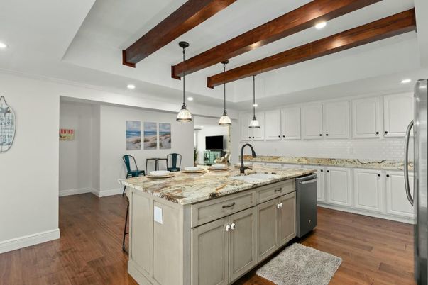 Interior, Kitchen, Pendant Lights, Recessed Lighting, Stainless Steel Appliances, Wooden Beams, Wood Texture Flooring