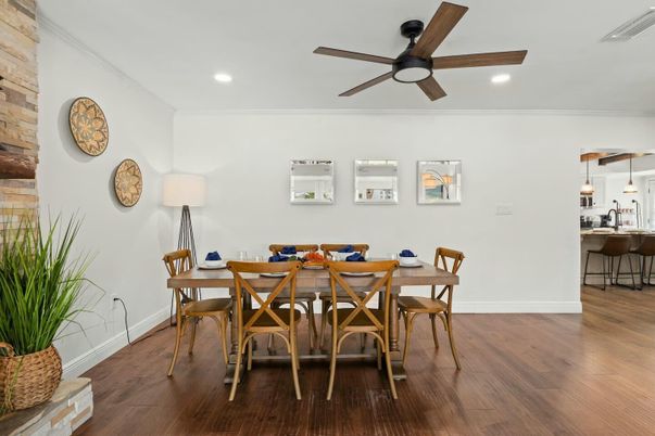 Dining room, Interior, Recessed Lighting, Wood Texture Flooring