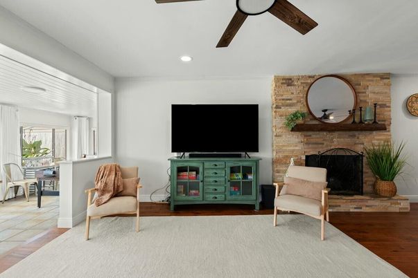 Fireplace, Interior, Recessed Lighting, Stone Walls, Wood Texture Flooring