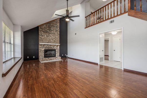 Empty room, Fireplace, Interior, Stone Walls, Wood Texture Flooring