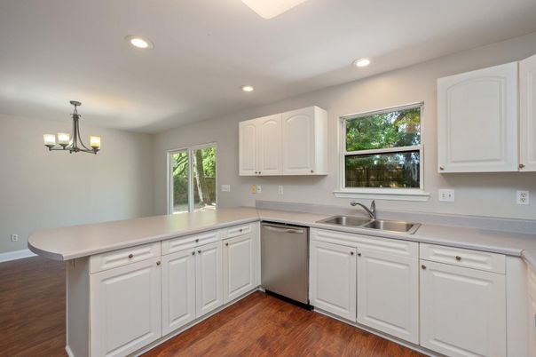 Chandelier, Interior, Kitchen, Recessed Lighting, Wood Texture Flooring