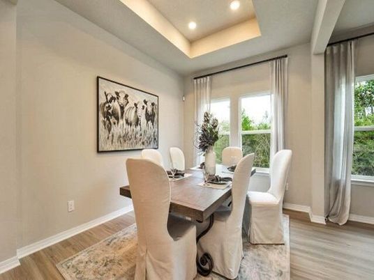 Dining room, Interior, Recessed Lighting, Wood Texture Flooring