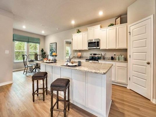 Dining room, Interior, Kitchen, Recessed Lighting, Stainless Steel Appliances, Wood Texture Flooring
