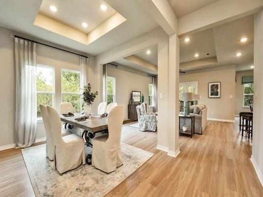 Dining room, Interior, Living room, Recessed Lighting, Wood Texture Flooring