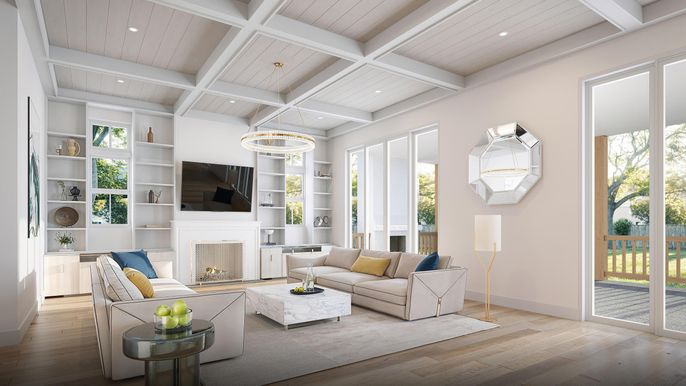 Fireplace, Interior, Living room, Recessed Lighting, Wooden Ceilings, Wood Texture Flooring