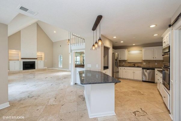 Fireplace, Interior, Kitchen, Pendant Lights, Recessed Lighting, Stainless Steel Appliances