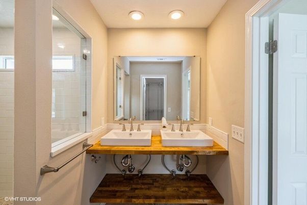 Bathroom, Dual Sink Vanities, Glass Shower, Interior, Recessed Lighting, Wood Texture Flooring